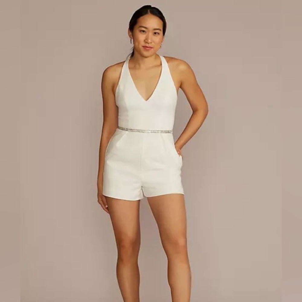 beaded crystal strap v-neck romper